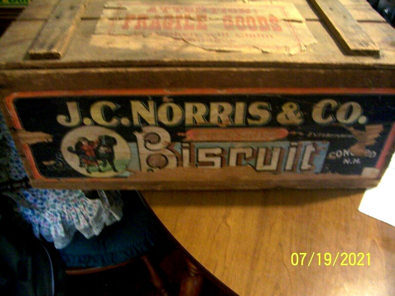 J. C. NORRIS & CO.\'S CONCORD, NH ANTIQUE WOOD BOX BISCUIT CRATE, W/2 ORIG LABELS
