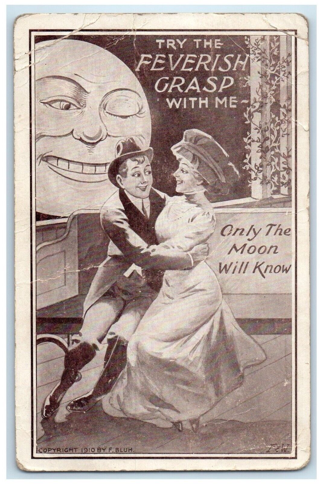 1910 Couple Romance Feverish Grasp Anthropomorphic Moon Lincoln NE Postcard