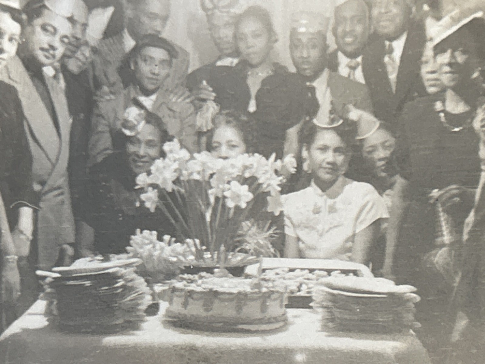 1940s African American Birthday Party with Cake Party Hats Black Americana Photo