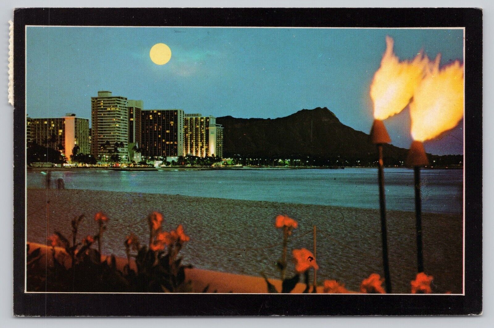 Waikiki Beach Hawaii, Diamond Head in Moonlight, Vintage Postcard