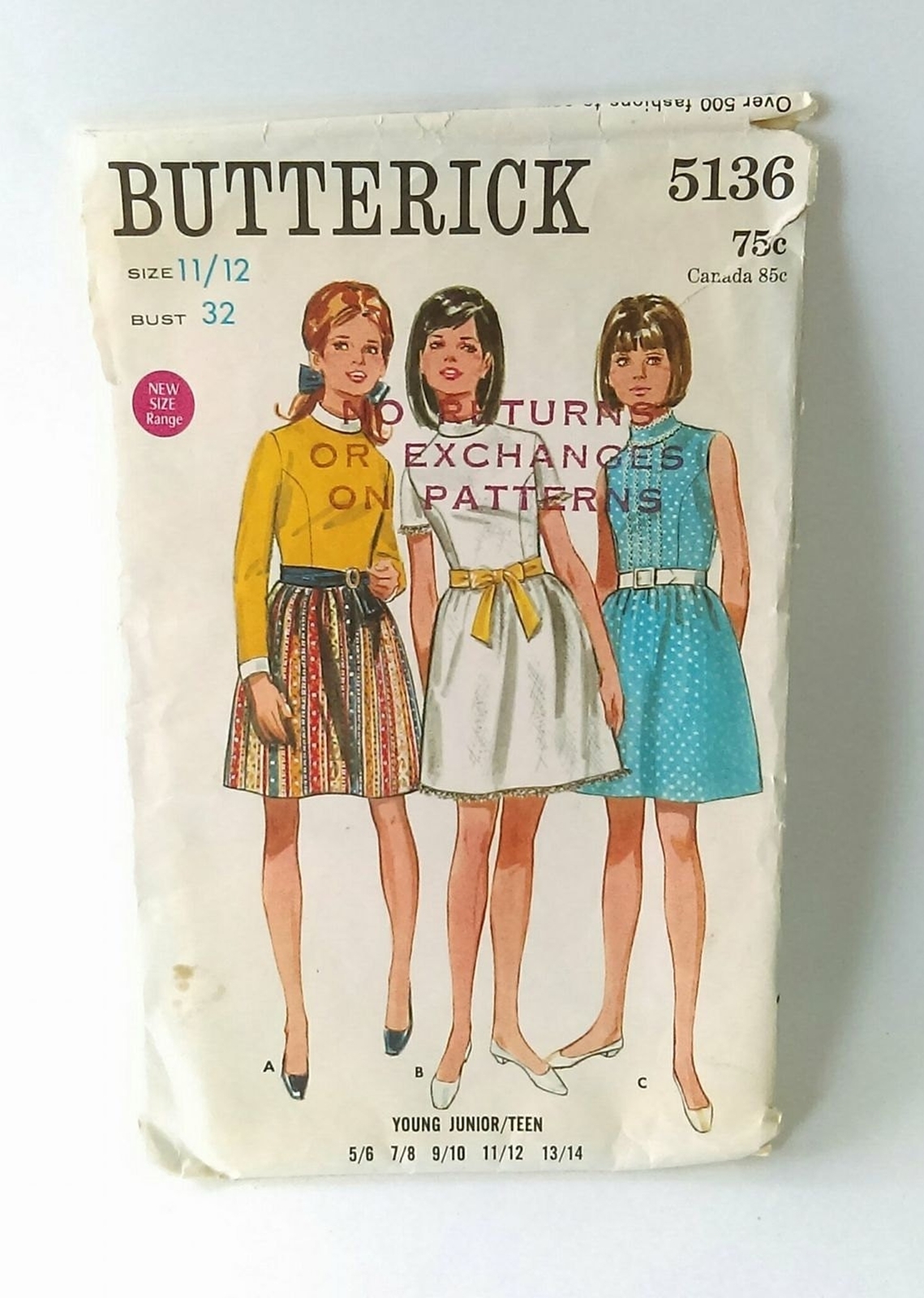 Vintage Butterick 5136 1960s Teen Size 11/12 Dress Bust 32 Sewing Pattern