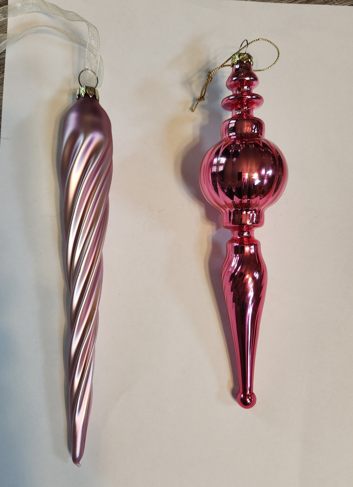 2 Vintage Pink Glass Christmas Ornaments Swirl Twist Icicle & Bright Finial NICE