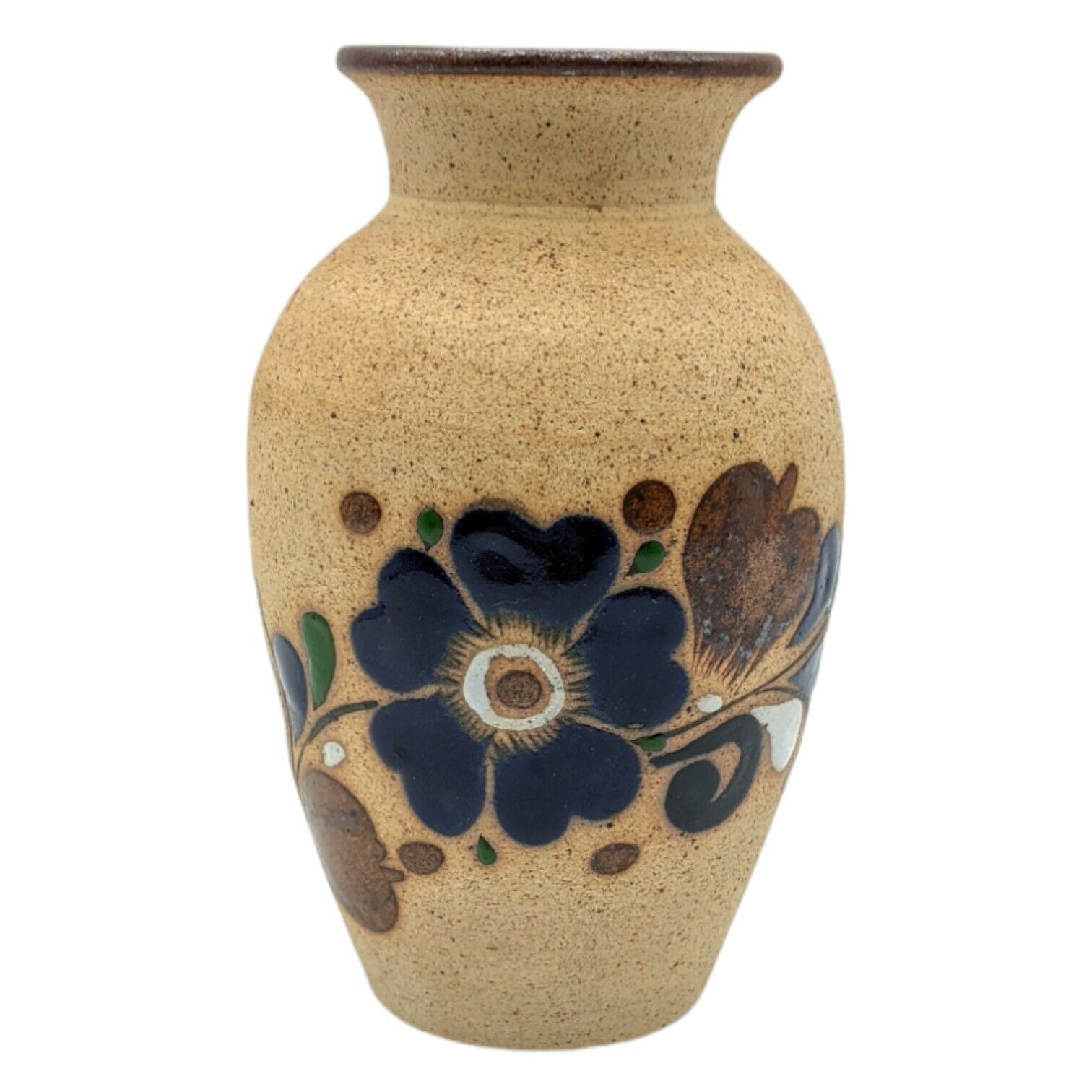Vintage Tonala Sandstone Mexican Pottery Vase Flowers Floral Blue Brown Signed