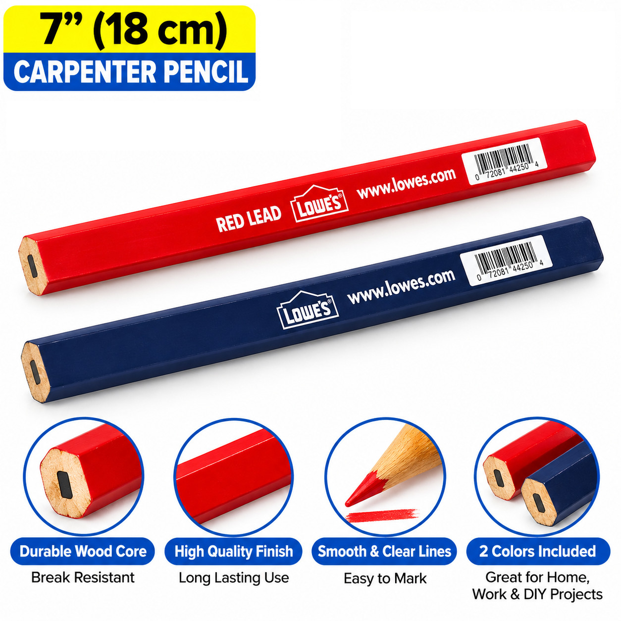2 Pcs Lowes 7” inch Carpenter Pencils Bule, Red 2 Pcs Lowes 7” inch Carpenter Pencils Bule, Red