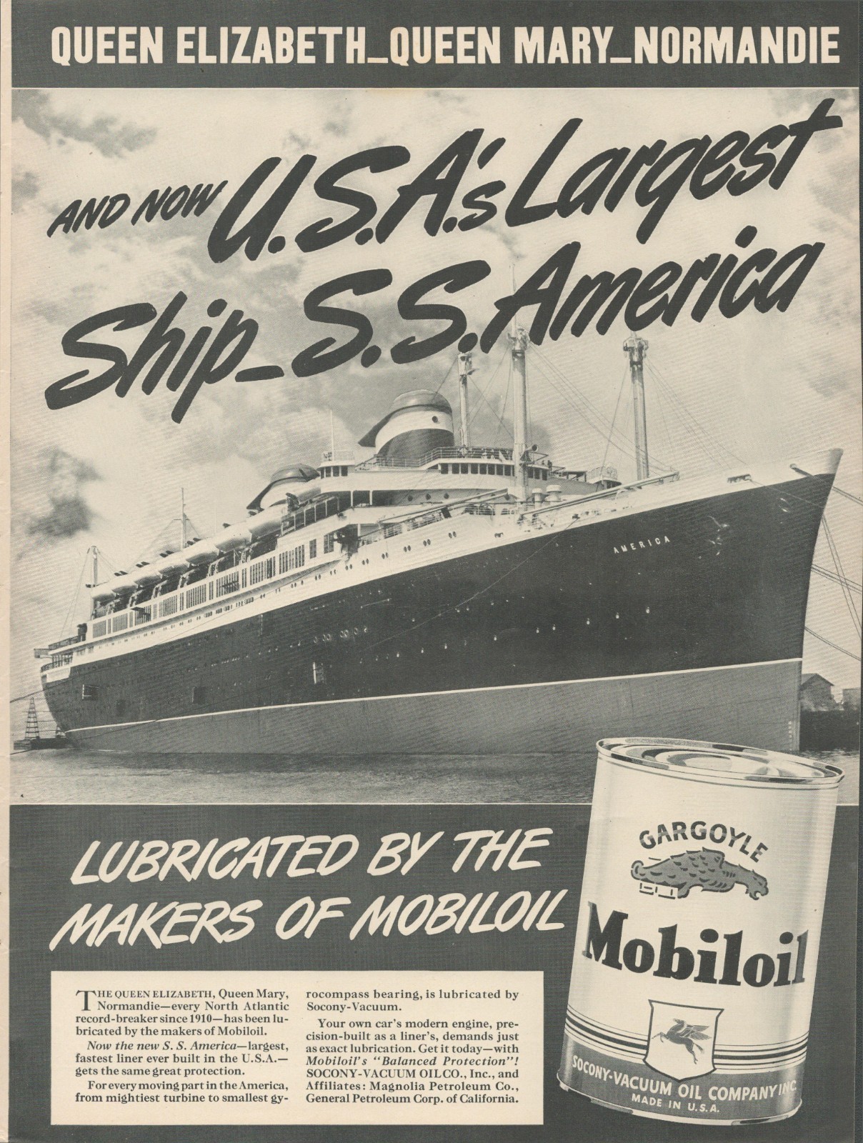 1940 Gargoyle Mobiloil S.S. America Queen Elizabeth Mary Norman Ships Print Ad