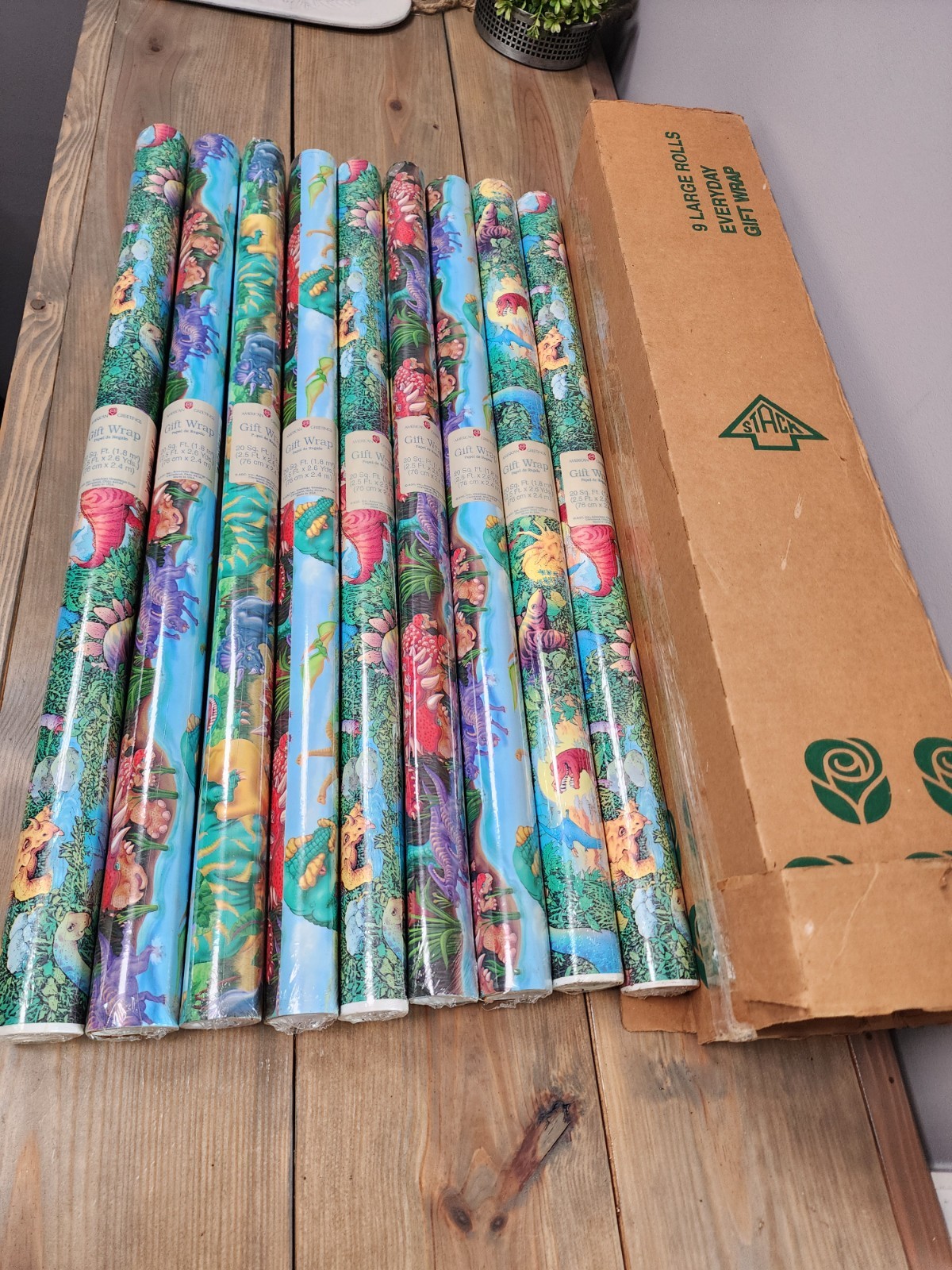 Vtg Lot 9 Dinosaur Roll Wrapping Paper American Greetings 20 Sq Ft Each