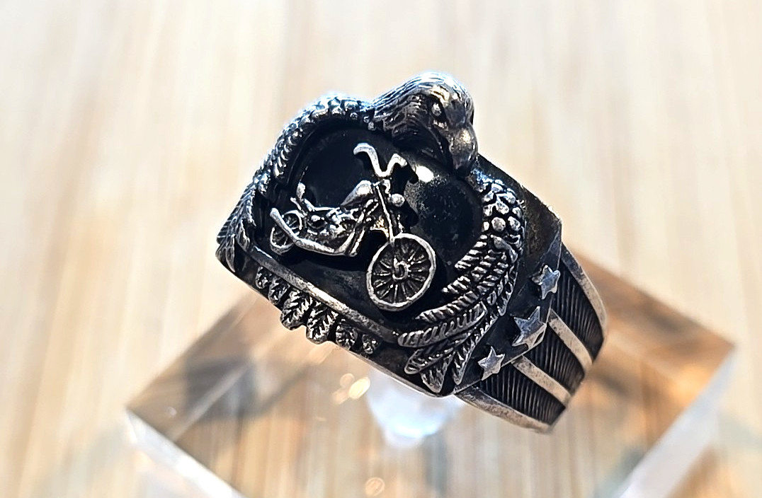 Mens Sterling Silver Harley Davidson Ring Onyx Bradford Exchange SZ-14.5 Ride