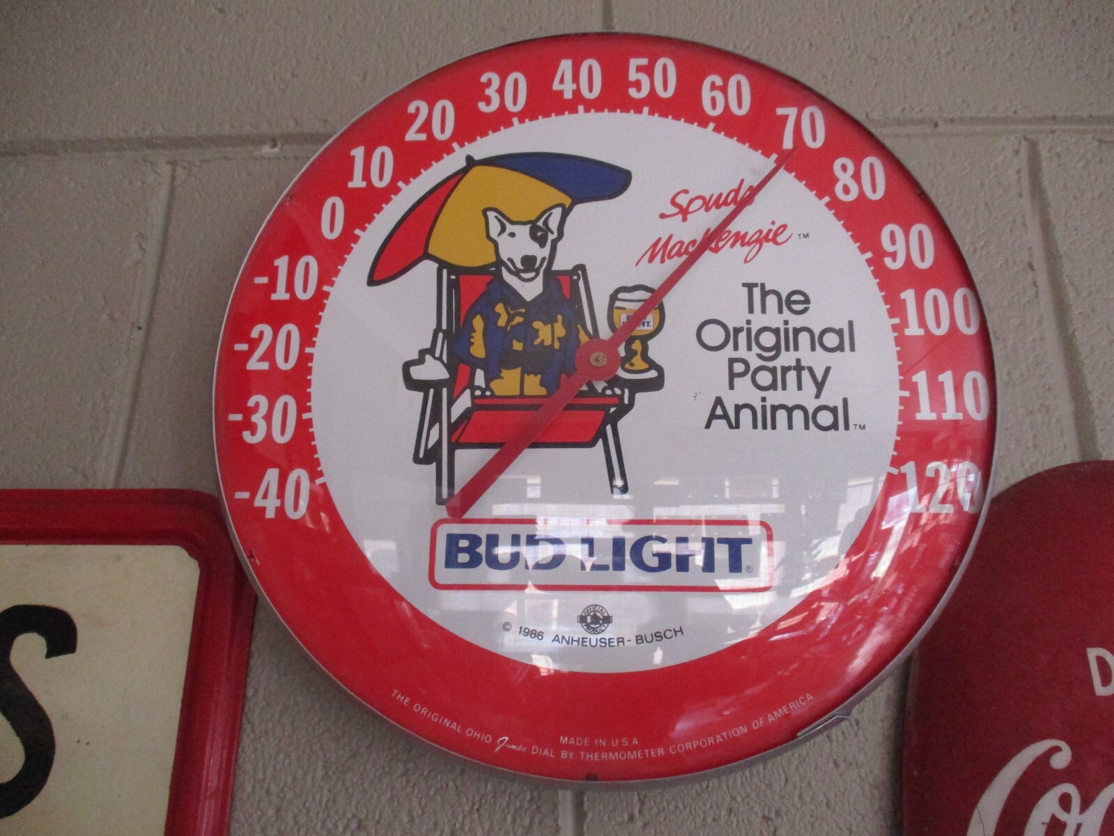 Bud Light Beer The Original Party Animal Spud Mackenzie glass faced Thermometer