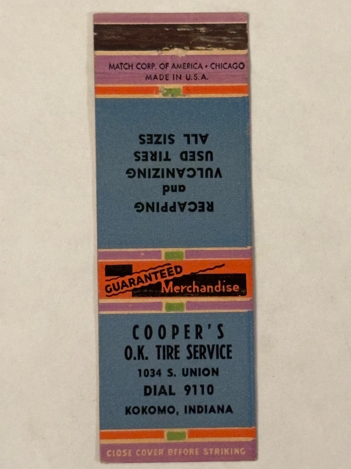 Coopers OK Tire Service Flat Matchbook Cover Kokomo Indiana Used Tires Vintage Coopers OK Tire Service Flat Matchbook Cover Kokomo Indiana Used Tires Vintage