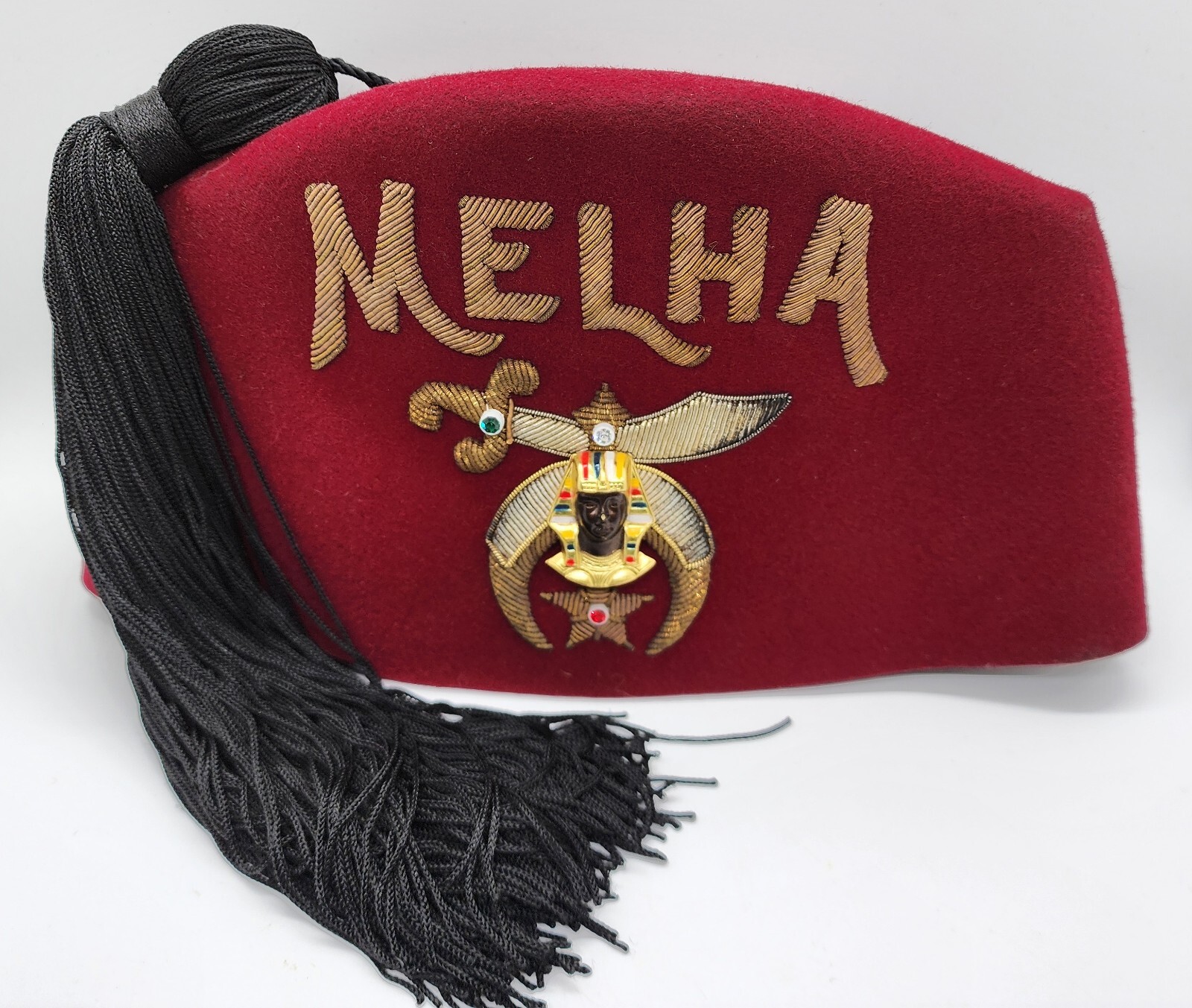 Original Masonic Shriners Fez Hat Bejeweled MELHA w/ Tassel Burgundy Felt Gadol 