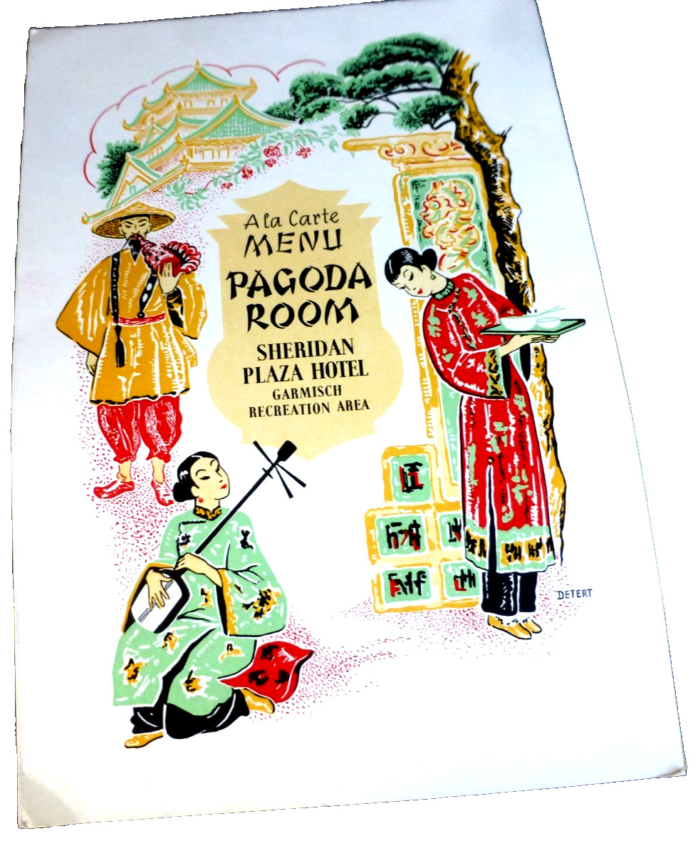 MENU SHERIDAN PLAZA HOTEL PAGODA US ARMY RECREATION AREA GARMISCH GERMANY c.1950