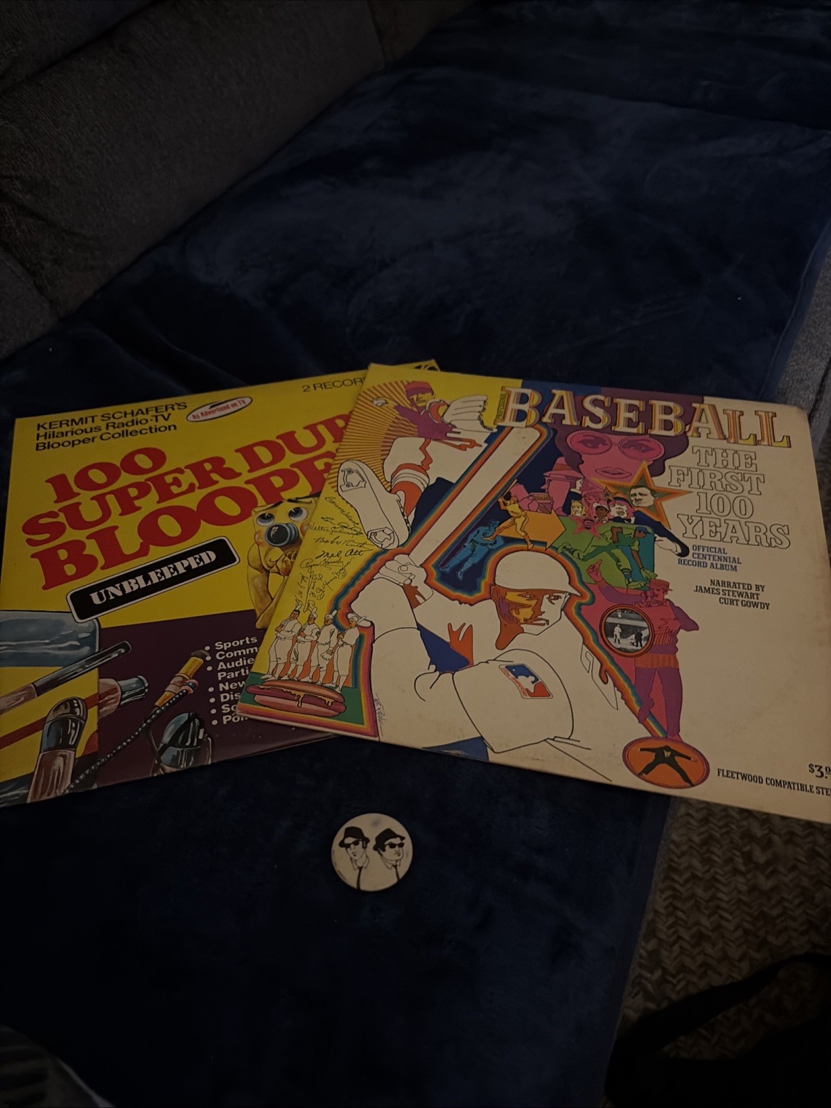 Vintage LPs and Blues Brothers pin - Super Duper Bloopers and Baseball First 100
