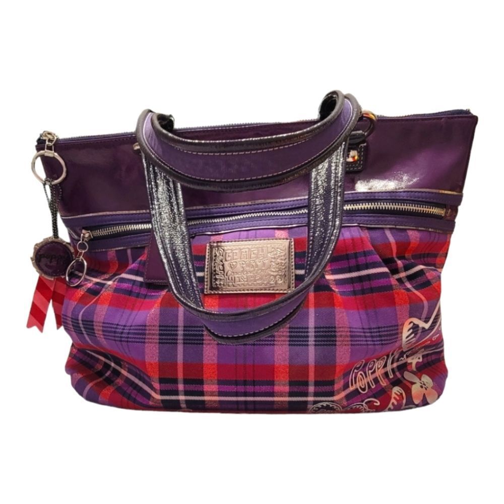 Coach Purple & Red Plaid Poppy Shoulder Bag/Satchel with 3 charms