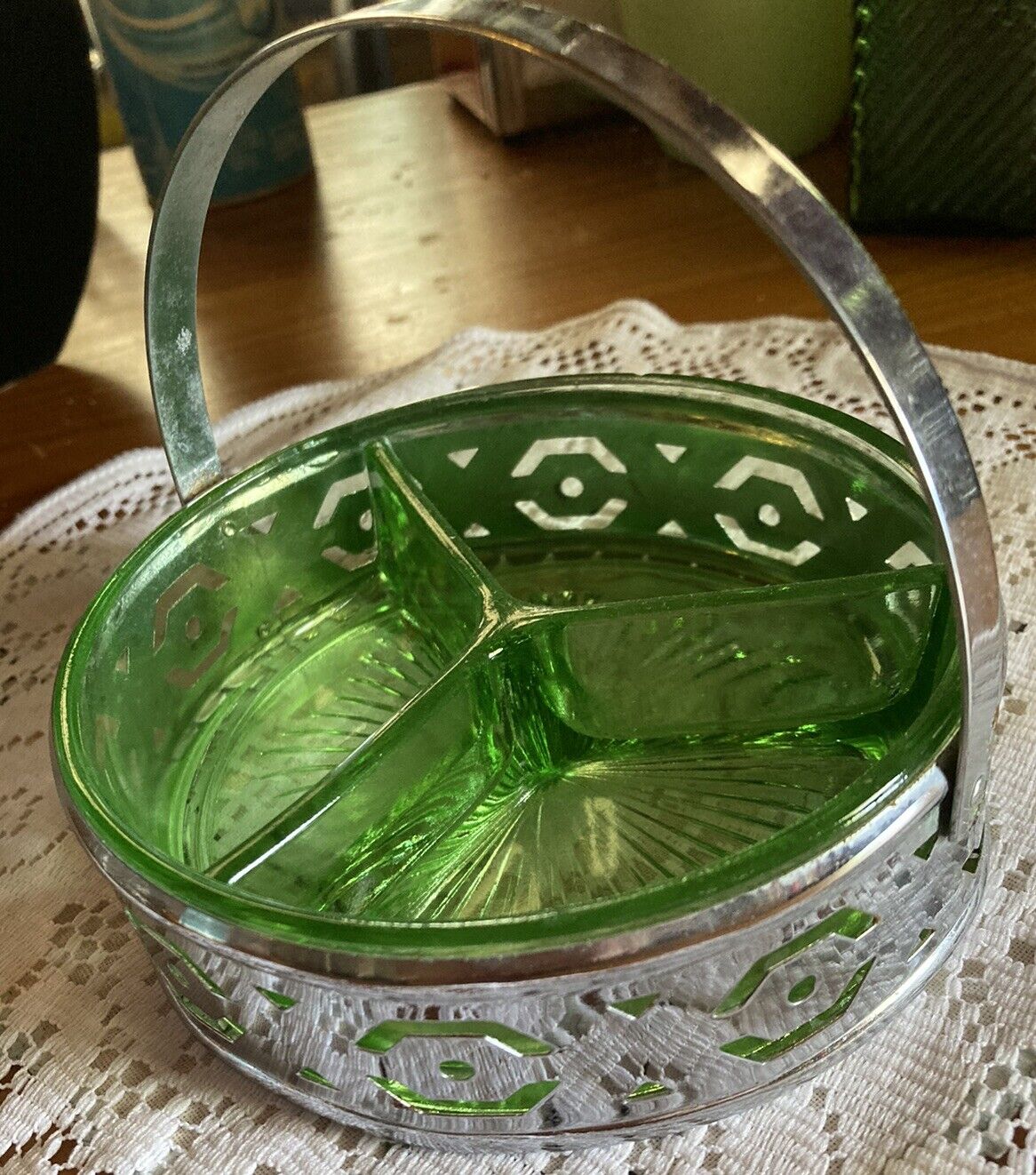 Depression Glass - Vintage Clear Green - Divided Serving Dish - Metal Holder