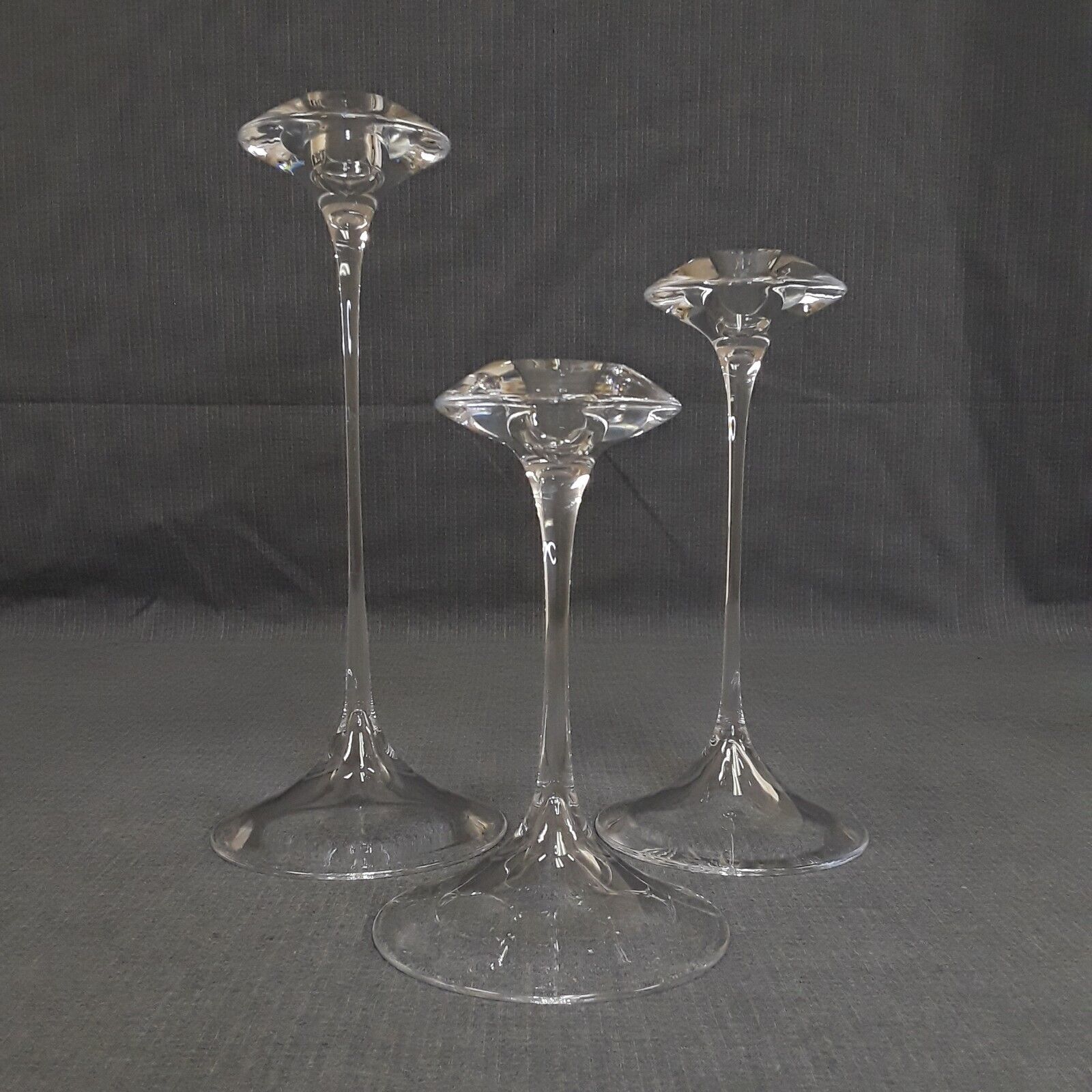 Kosta Boda FANFARE Clear Crystal Candle Holders Set of 3 Swedish Contemporary