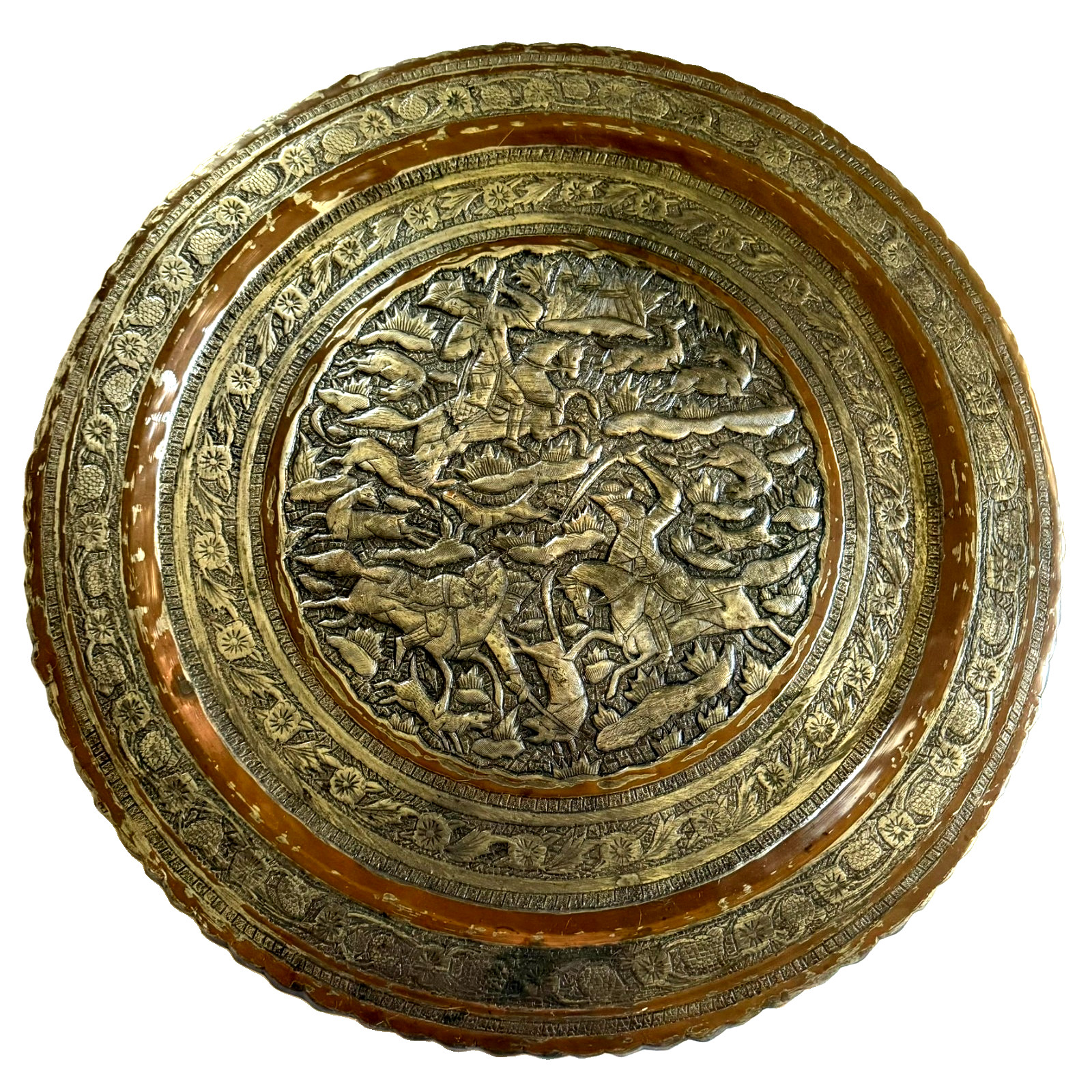 Vintage Hand Engraved Middle Eastern Round Tinned Copper Wall Tray Platter 23