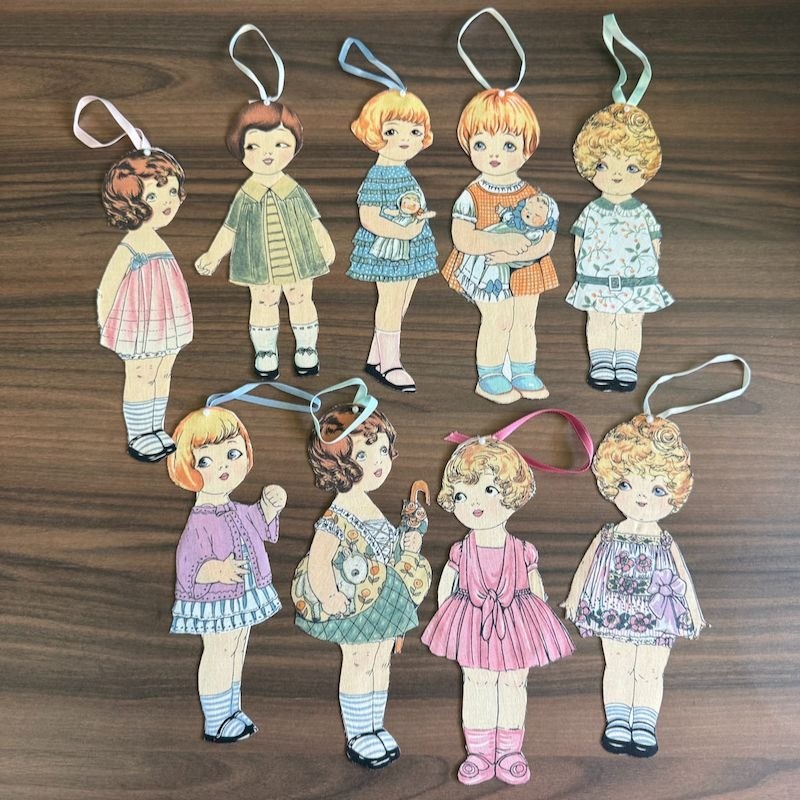 Antique 1920s Paper Fabric Doll Cut Outs Christmas Ornaments With Ribbons