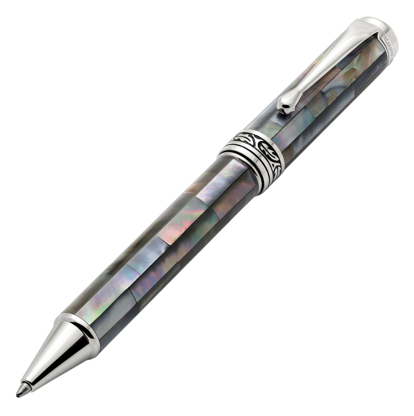 Xezo Maestro Black MOP Ballpoint Pen, Medium Tip. Platinum Plated. Handmade, LE