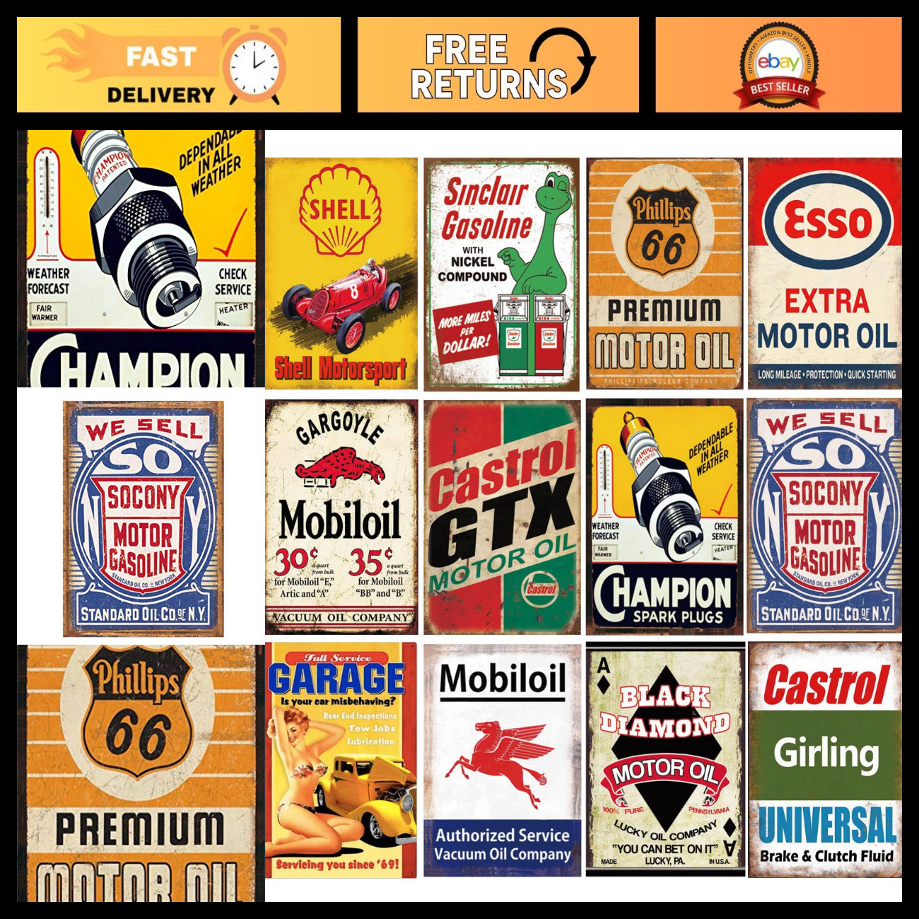 12 Retro Vintage Gas & Oil Tin Signs - Metal Wall Art for Home, Man Cave, Garage