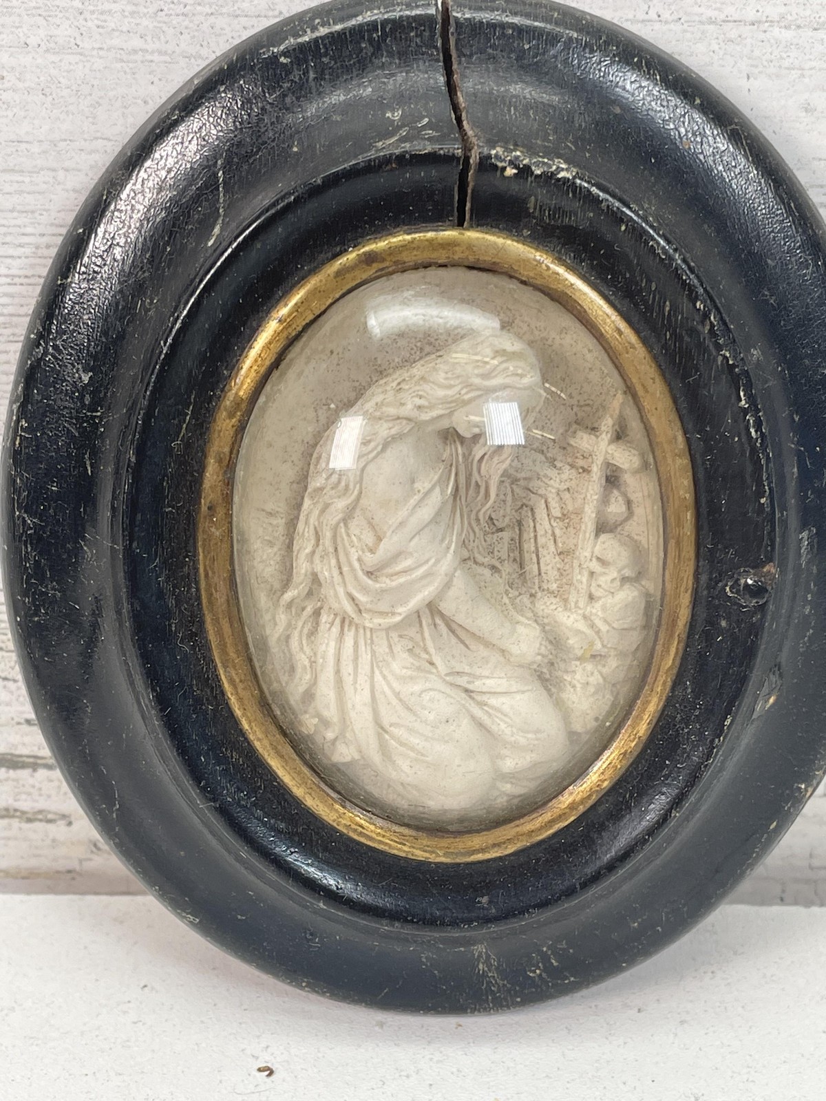 Vintage Oval Religious Relief Plaque Framed Under Glass Black Gold Christian Art