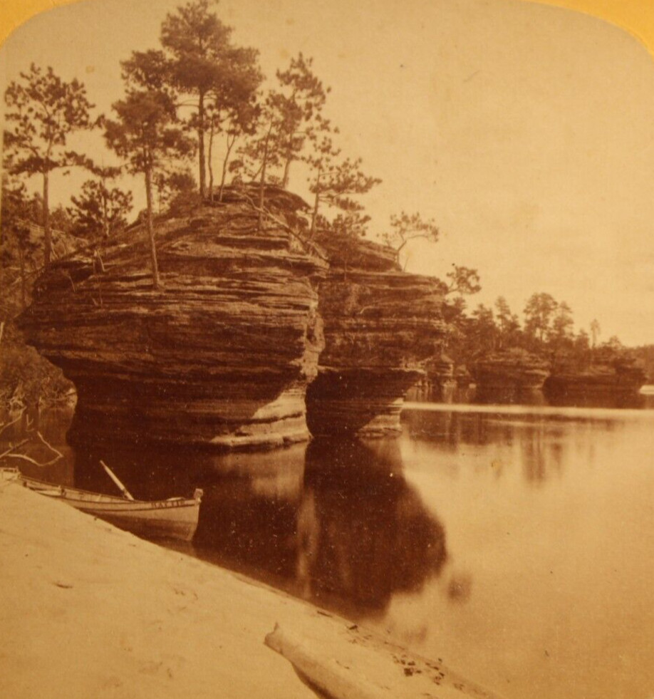 Wisconsin Dells Stereoview Ink Stand & Lone Rock in Distance H. H. Bennett 1870s