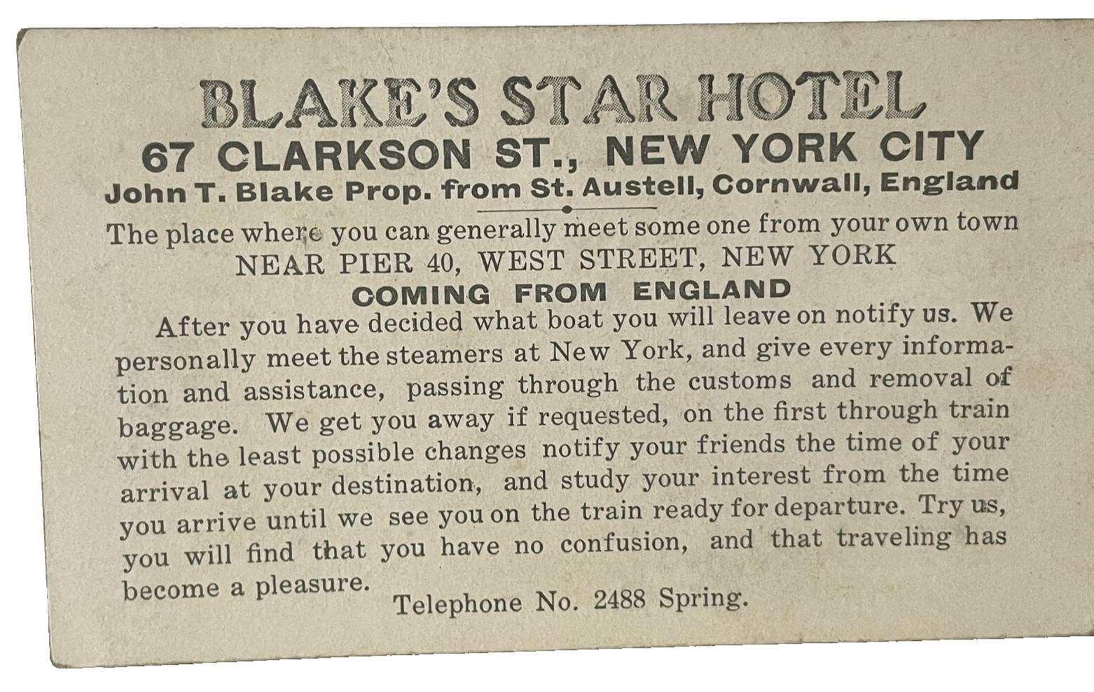 Blake\'s Star Hotel Advertising Card 67 Clarkson St NYC NY Travel Agent England Blake\'s Star Hotel Advertising Card 67 Clarkson St NYC NY Travel Agent England