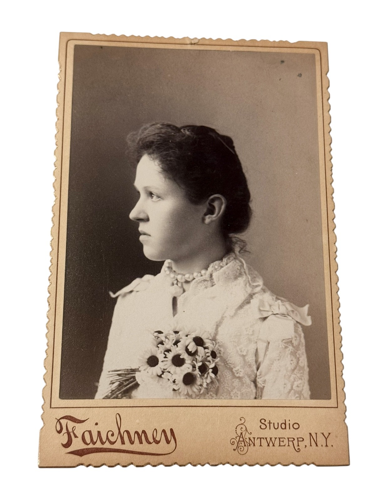c1890's Victorian Era Cabinet Card Young Woman Holding Small Bouquet Faichney