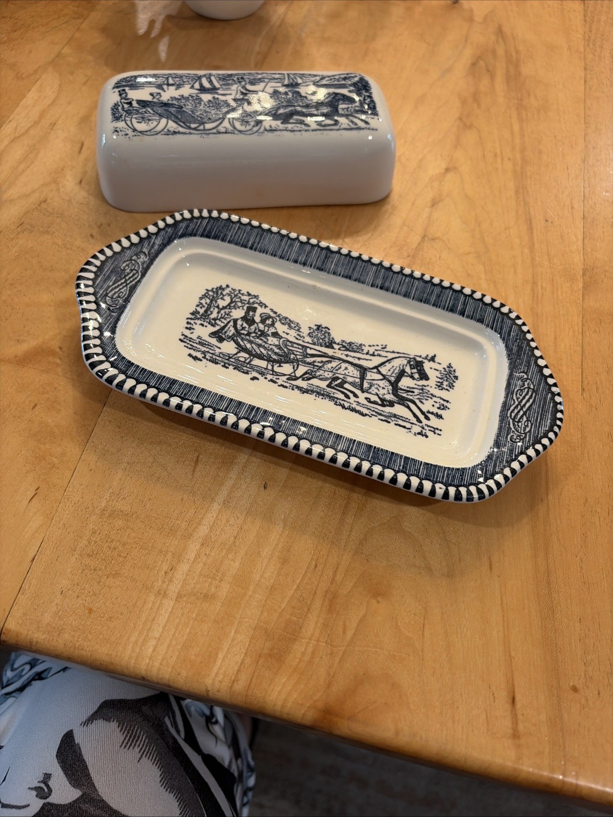 VTG Currier & Ives Covered Butter Dish The Road Winter Scene
