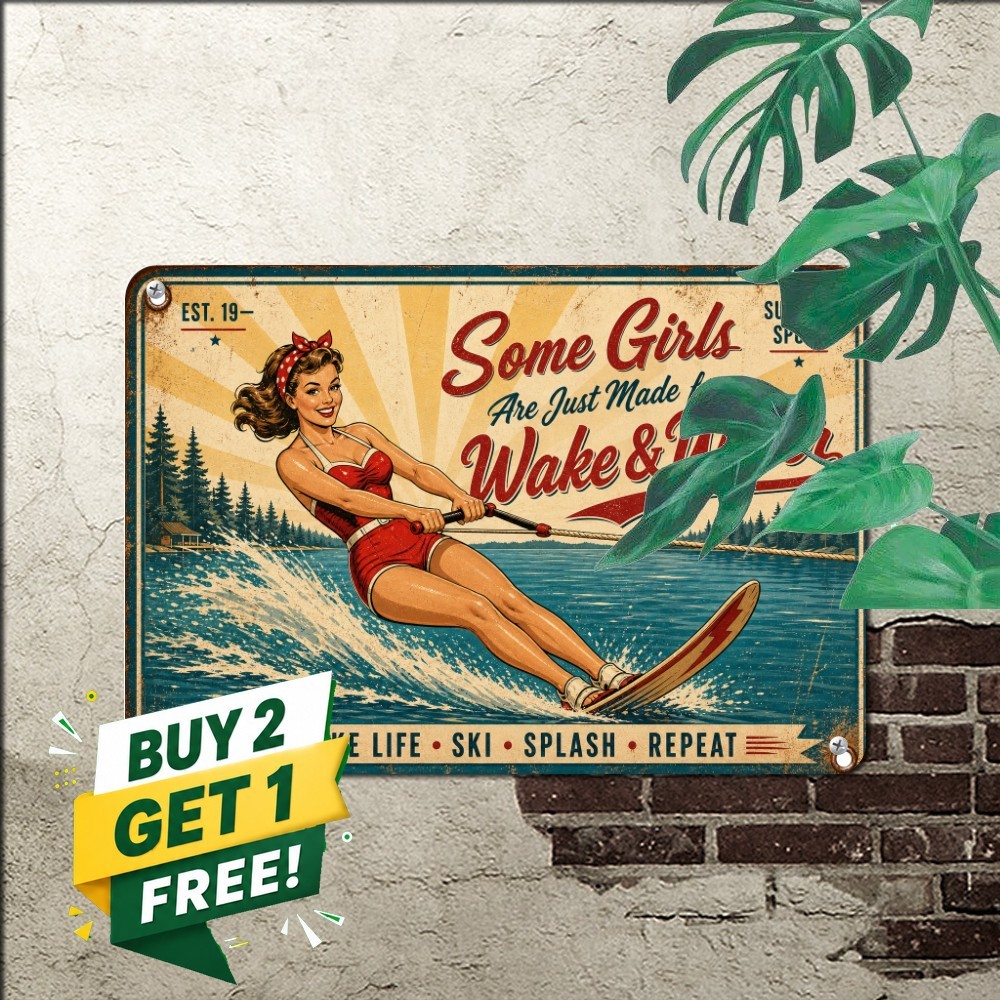 Waterskiing Girl Sports Hobby Metal Sign Vintage Lake House Summer Wall Plaque