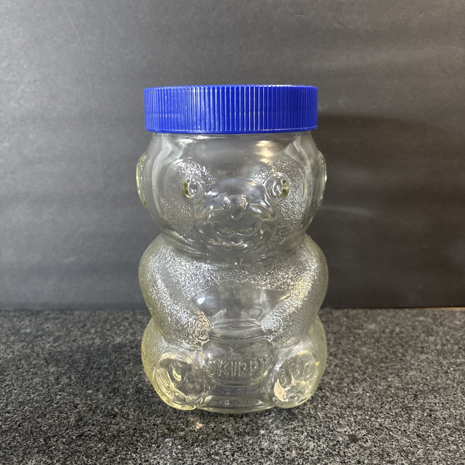 Vintage Skippy Super Chunk Peanut Butter Glass Bear Shaped Jar Collec Blue Lid 