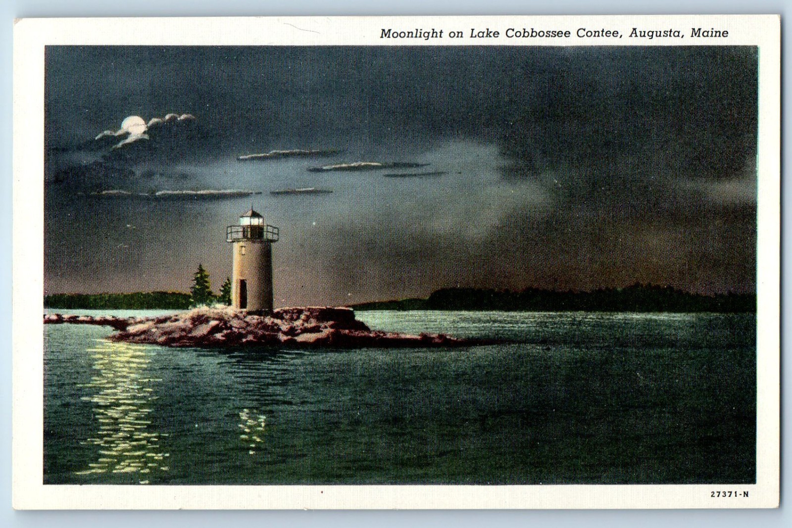 1940 Augusta Maine ME Postcard Moonlight Lake Cobbossee Contee Night Scenic View