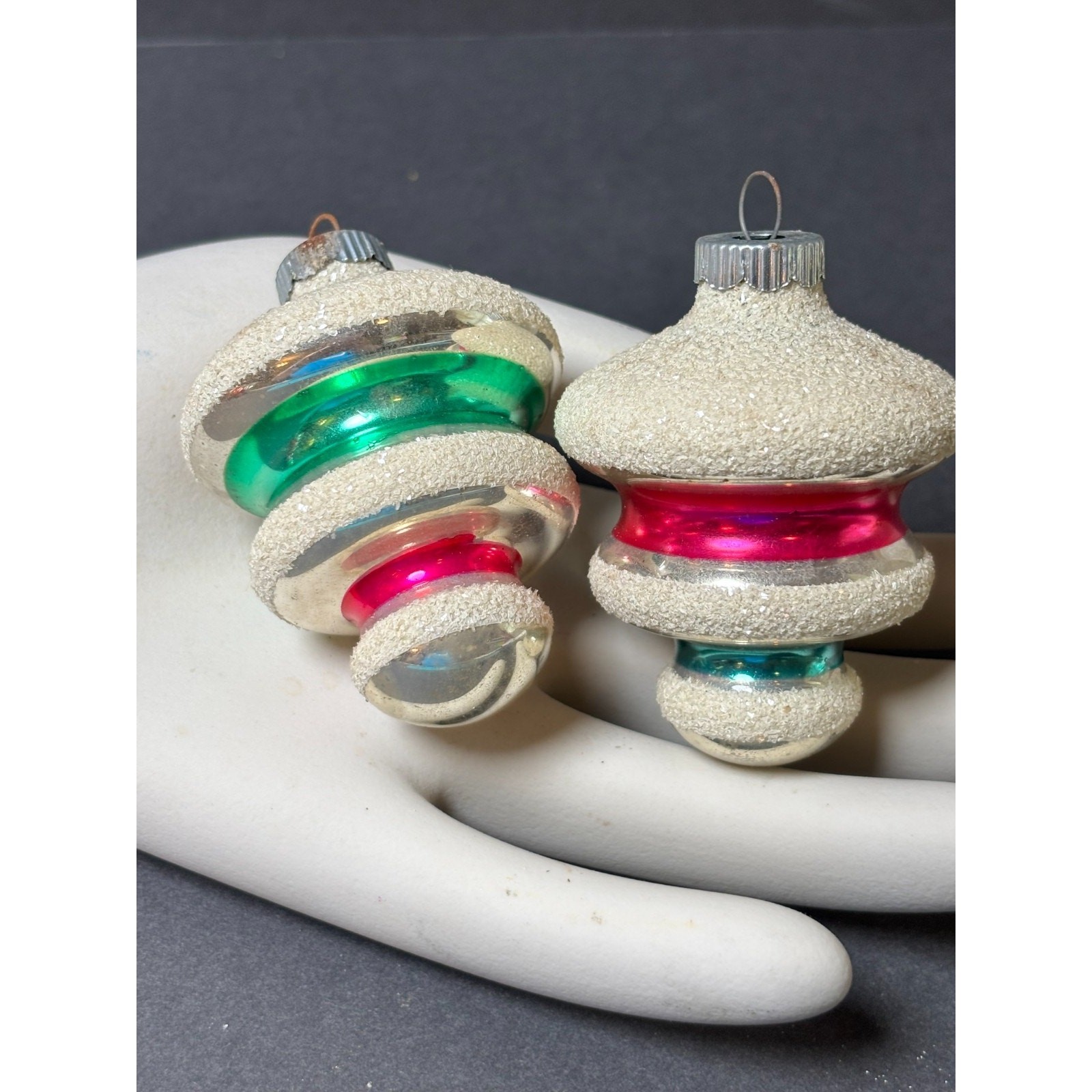 2 Vintage Shiny Brite Tornado Lantern Christmas Ornaments MICA Pink Green Stripe