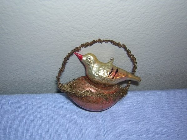 Red Antique Vintage Wire Wrapped Glass Nest With Bird Germany