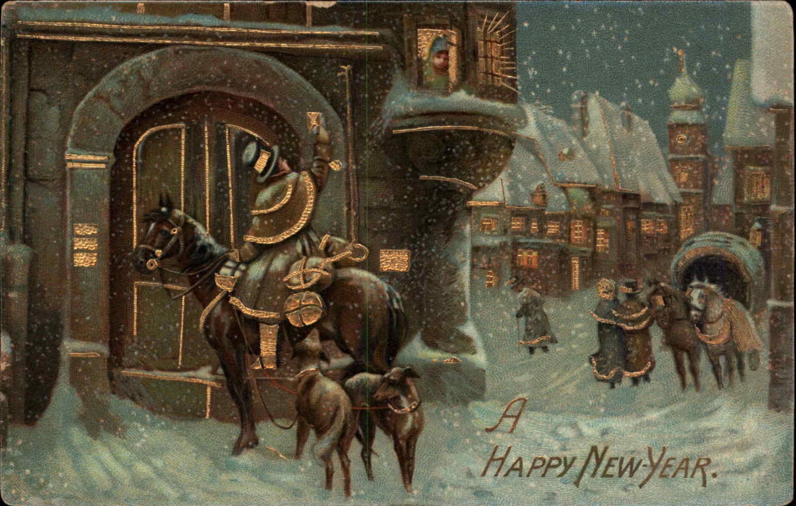 New Year German Winter Scene Gilt Arthur Berger c1910-1920s Vintage Postcard