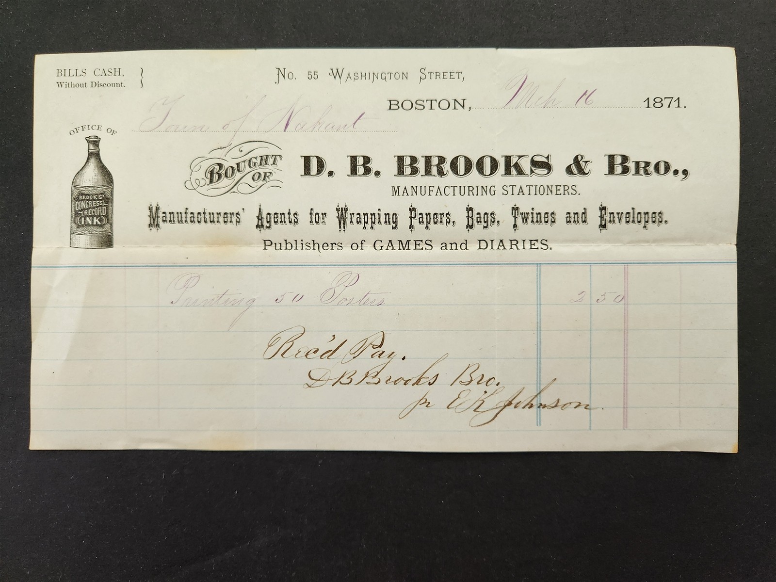 1871 antique D B BROOKS & Bro boston ma INK WRAPPING PAPERS GAMES DIARIES TWINE