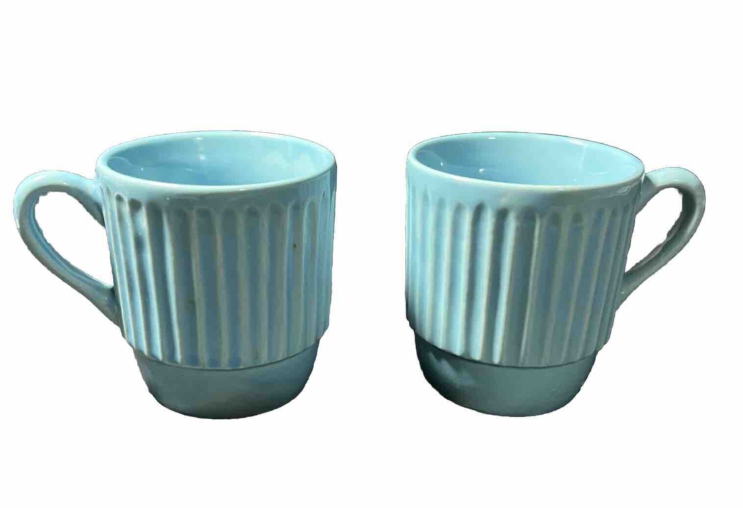 RARE Vintage Alco Made In Brazil Blue Aqua Ribbed Cups Mugs Lot Set Of 2 Sticker