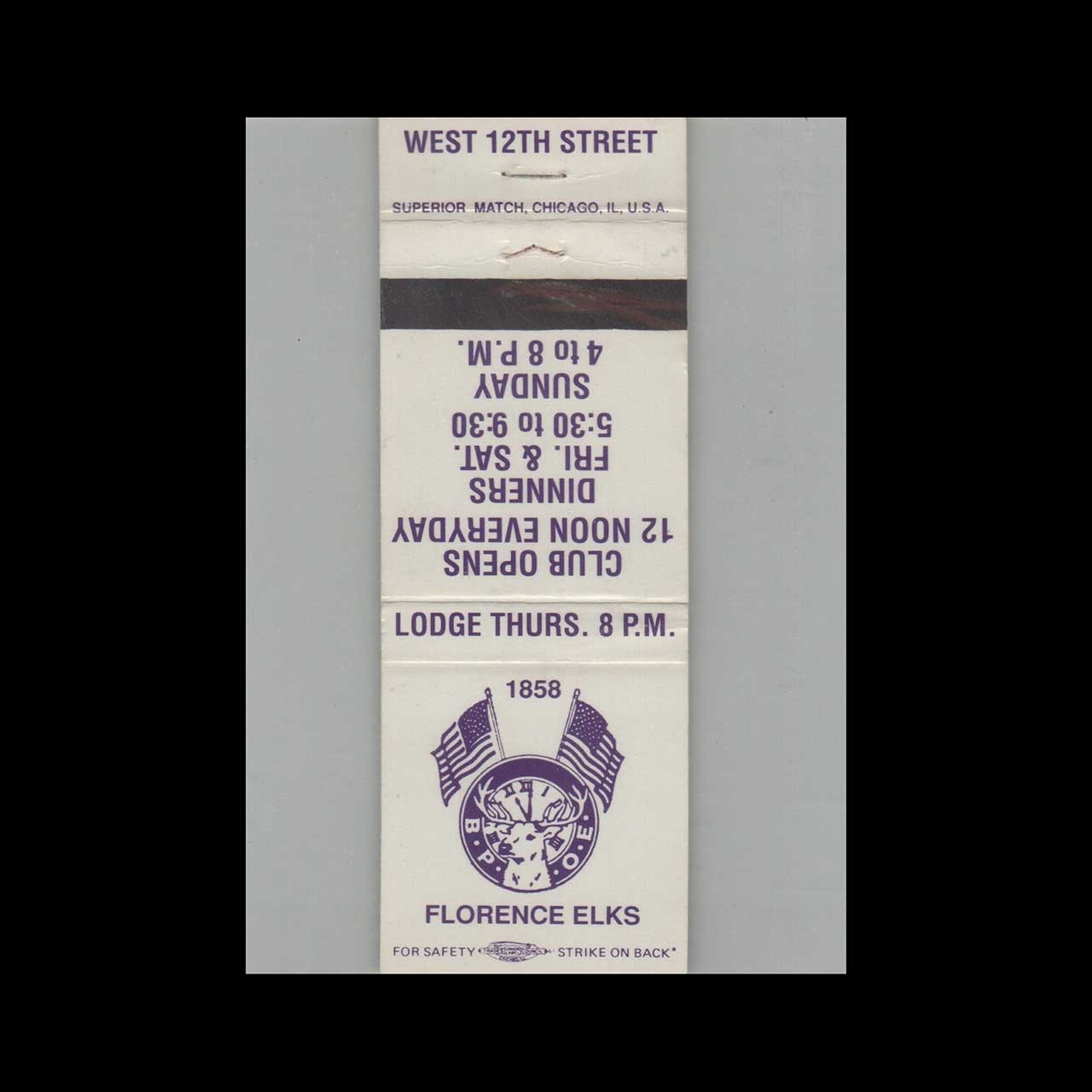 Matchbook Cover BPOE Elks Lodge 1858 Florence OR #10