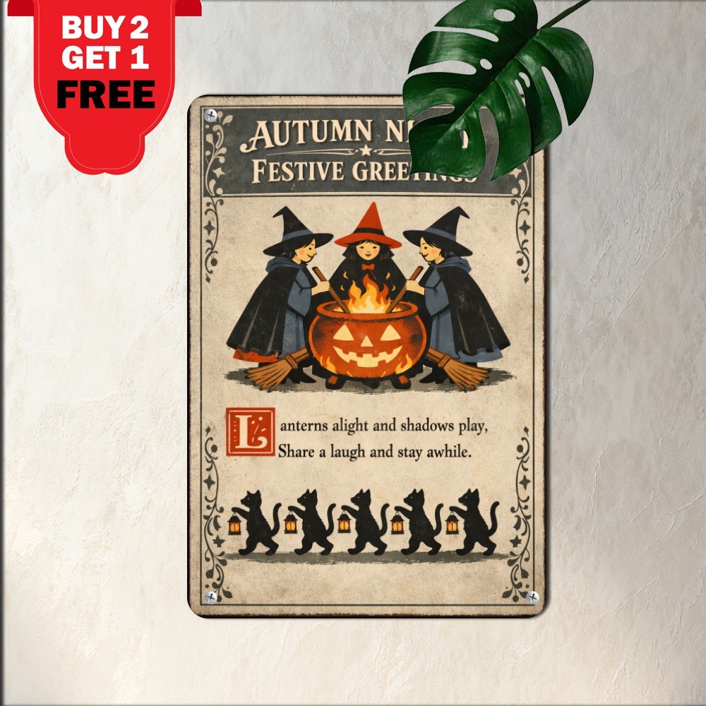Spooky Witch Greetings Aluminum Sign BanginPrints Vintage Halloween Metal Decor