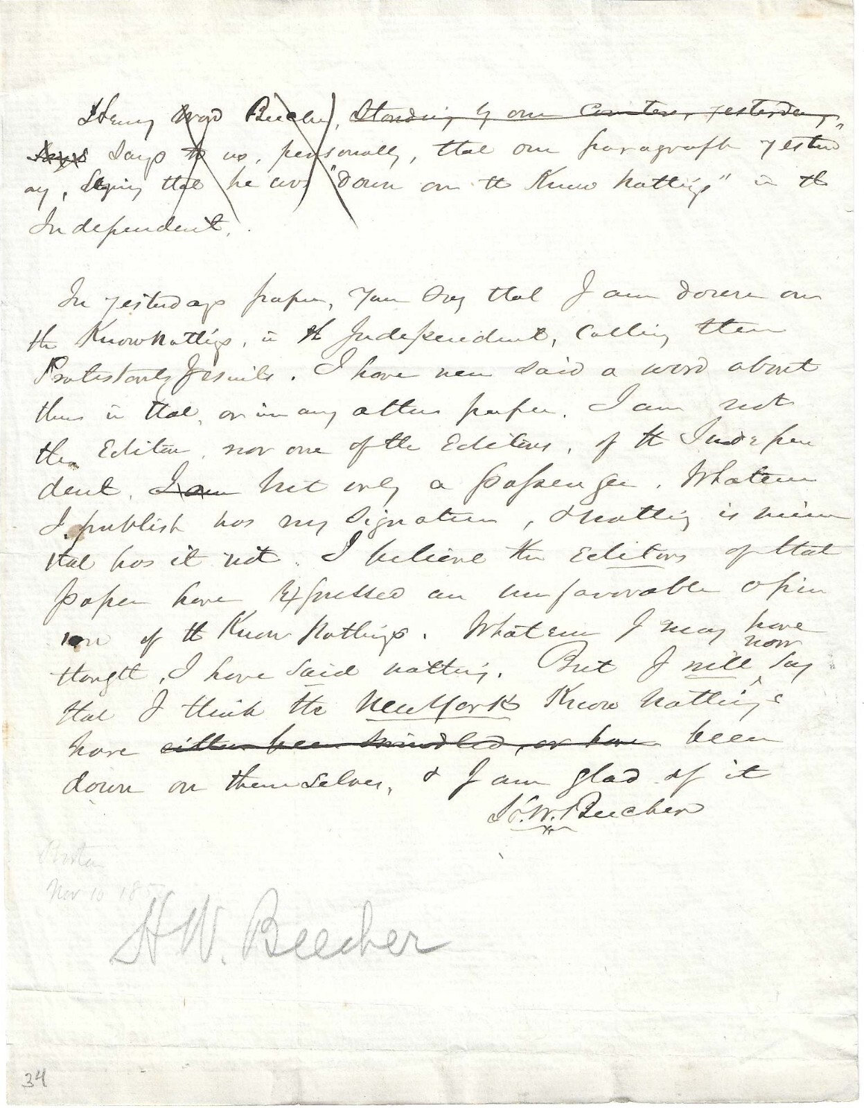 Staunch Abolitionist Henry Ward Beecher Decries Know-Nothings