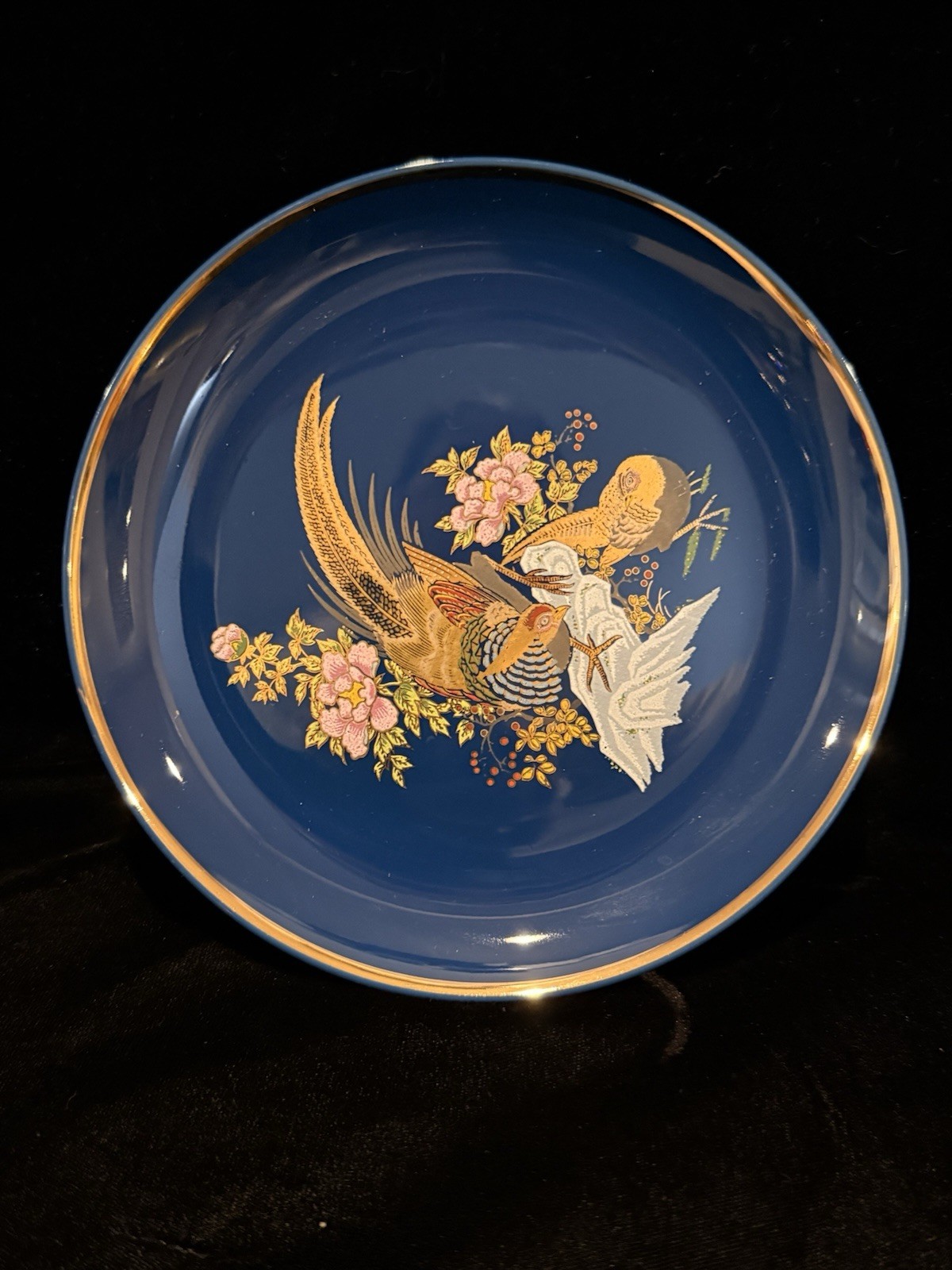 Vintage Cobalt Blue Gold Rim Pheasant Bird Floral Porcelain Plate 7”
