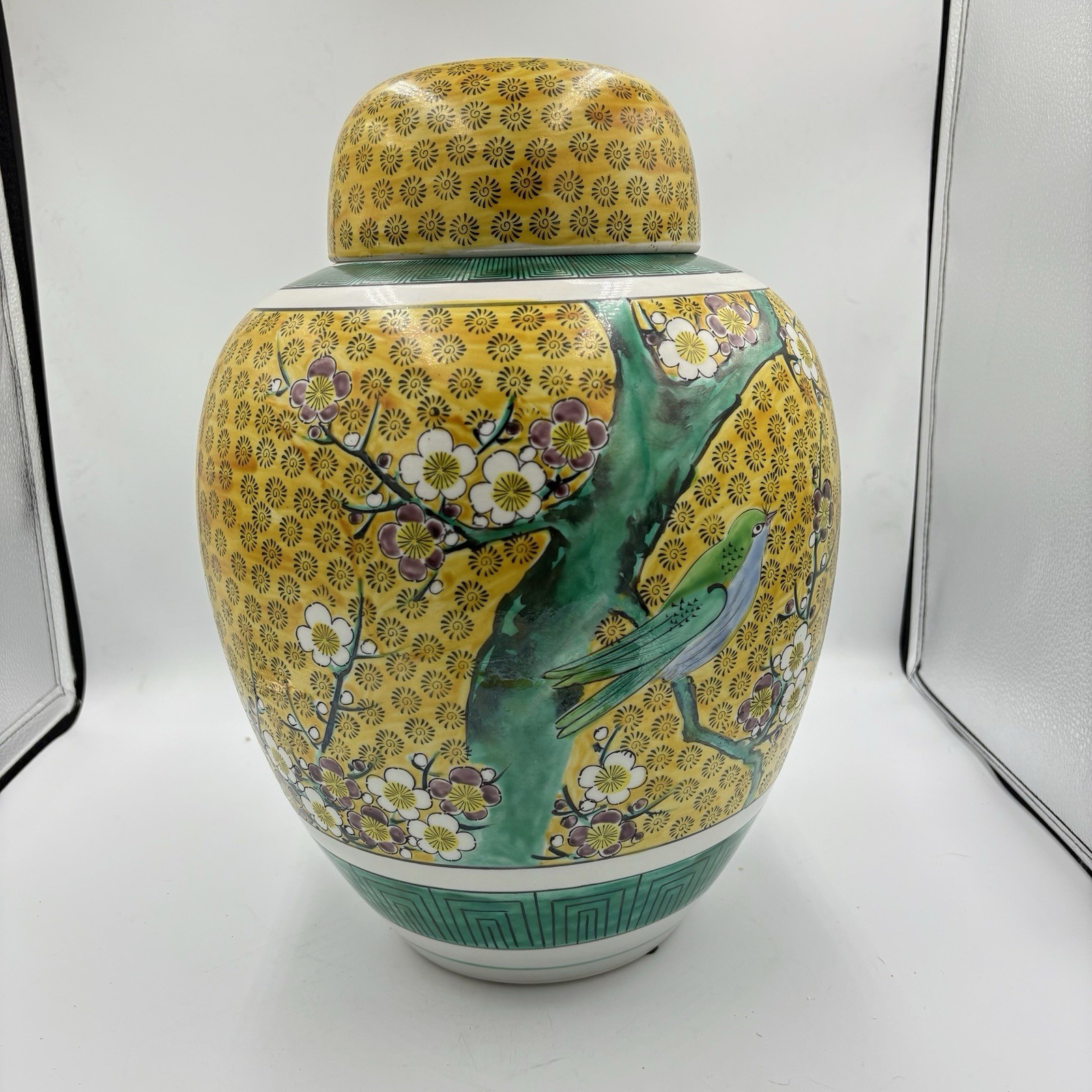 Huge 14.5” Vintage Japanese Ginger Jar Bird & Flowers Yellow Porcelain Gorgeous