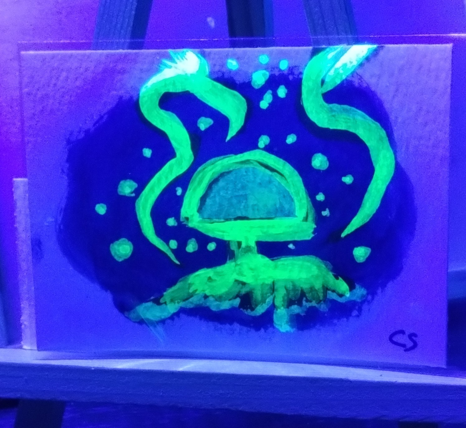 ACEO Original MIXED MEDIA Painting Green Mushroom Series 4/6 UV Blacklight 
