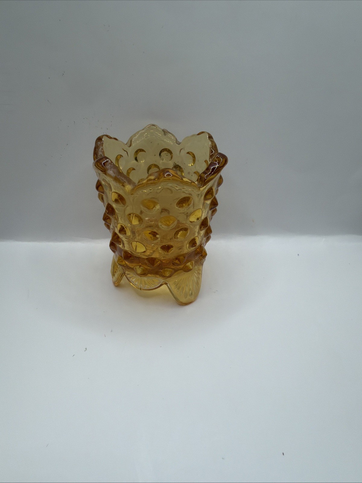 Vintage Fenton 3 Toed Toothpick Holder Amber Gold Yellow Hobnail 2 3/4\