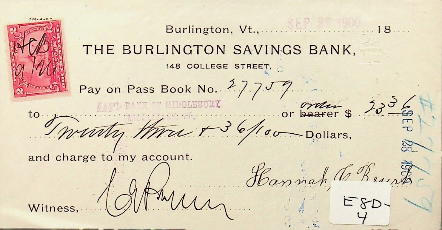 1900 Burlington Savings Bank Burlington Vermont Check With Tax Stamp - E10-B