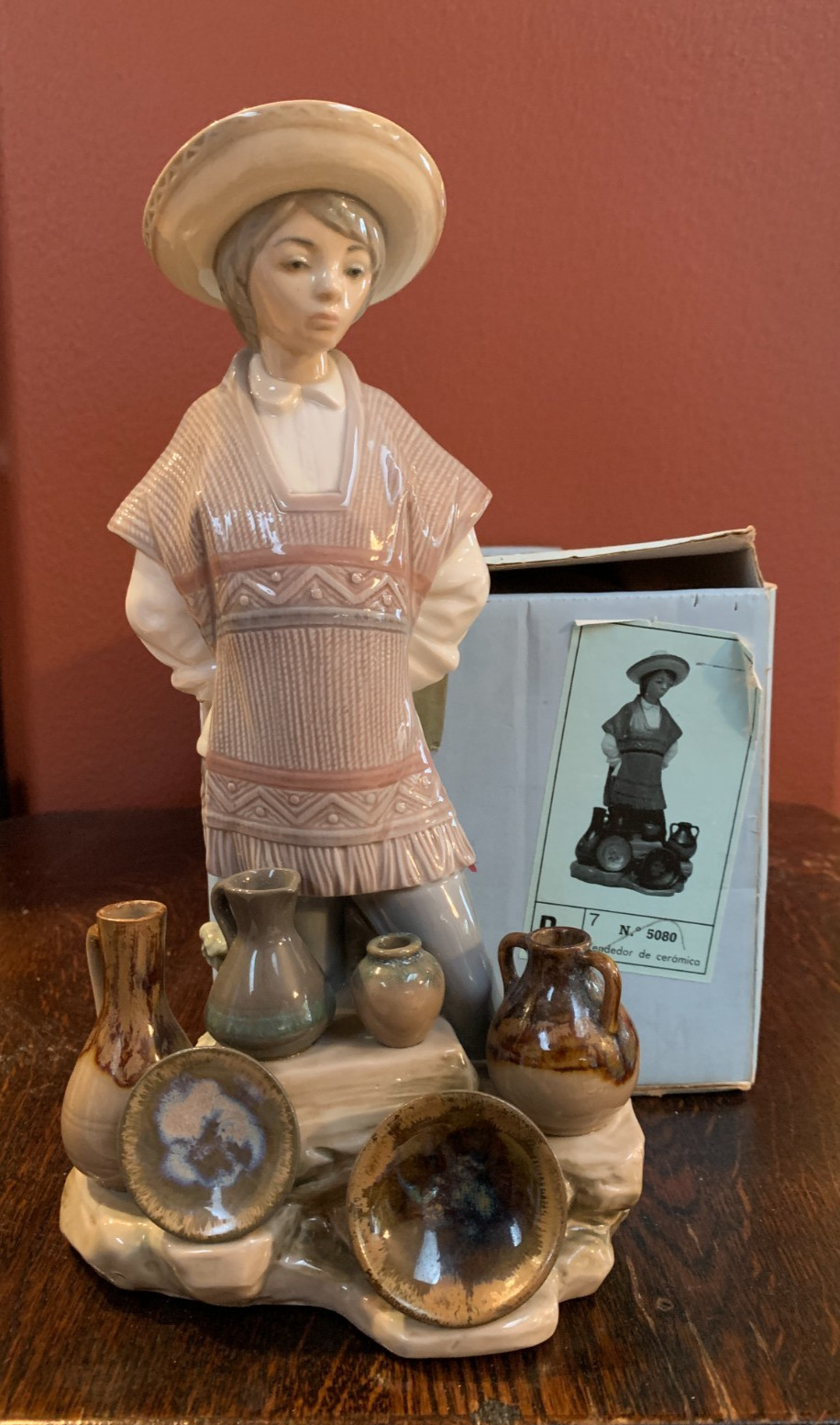 Retired LLADRO 5080 Mexican Boy Selling Pots- South of Border- Orig Box & Straw