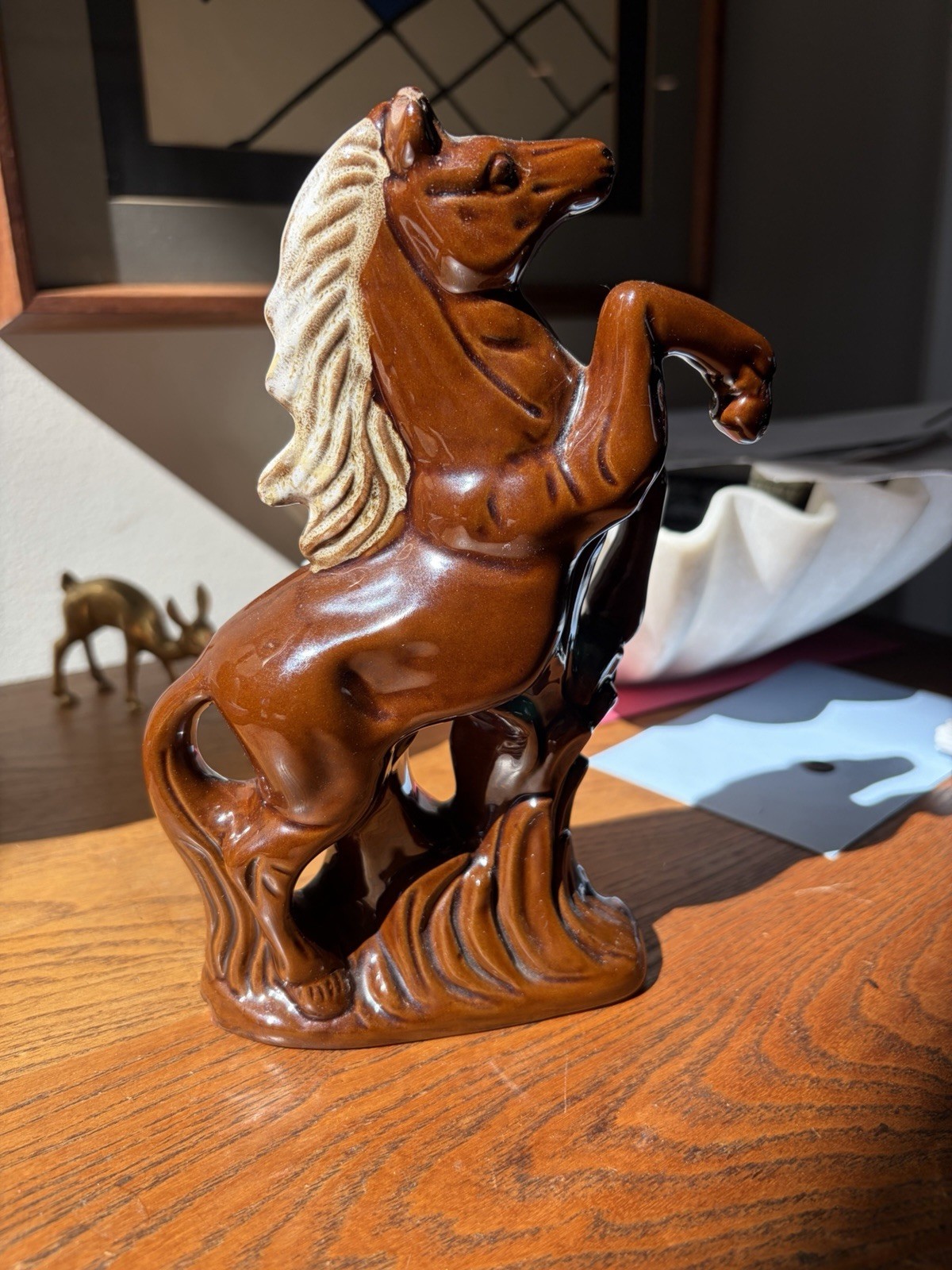 Vintage Glazed Ceramic Horse Figurine Redware Pottery Mid-Century Rearing Horse 