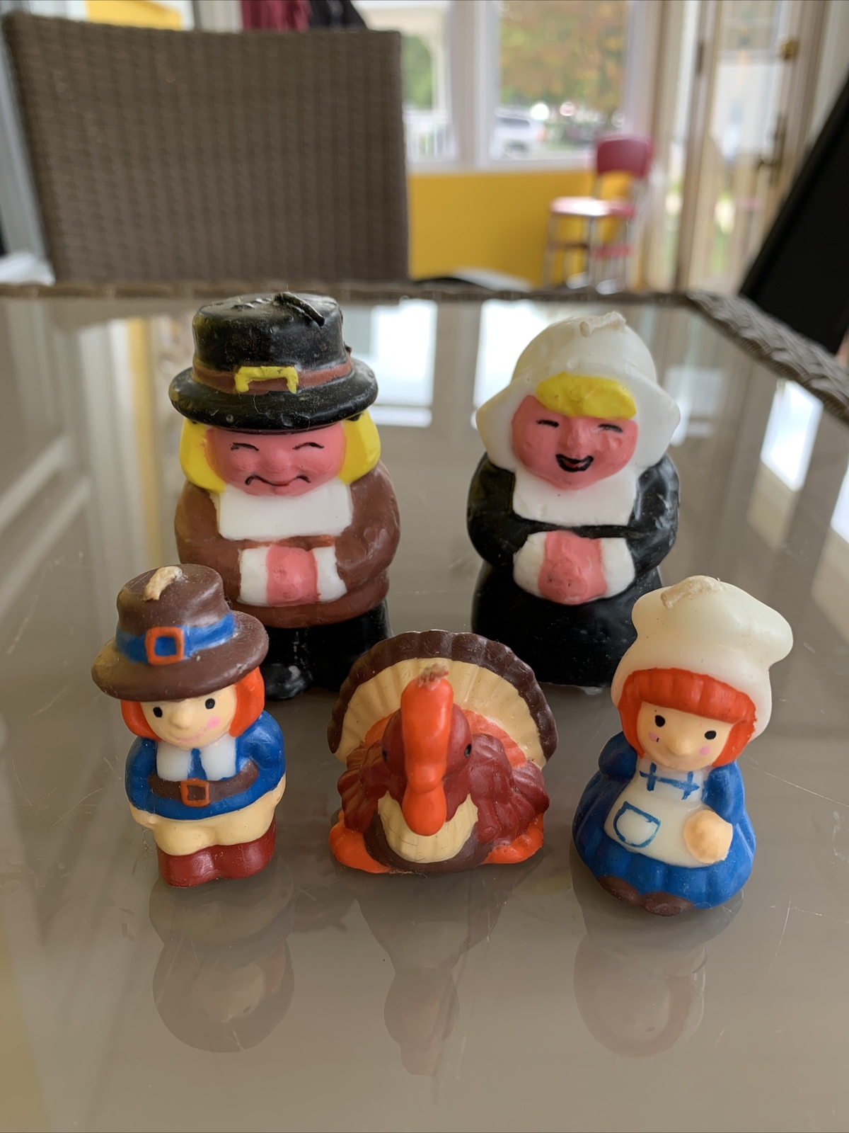 Lot of 5 Unmarked Thanksgiving Candles Turkey and Pilgrims 