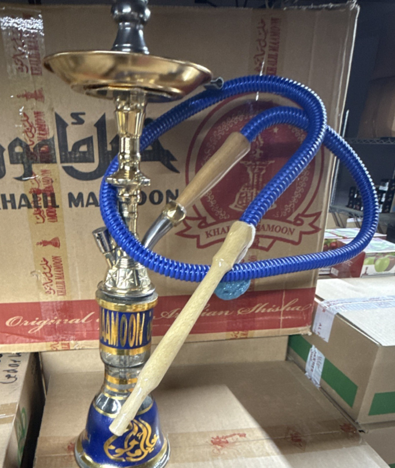 Khalil Mamoon Collectible Hookah Blue Gold Base Wooden Handle Blue Hose