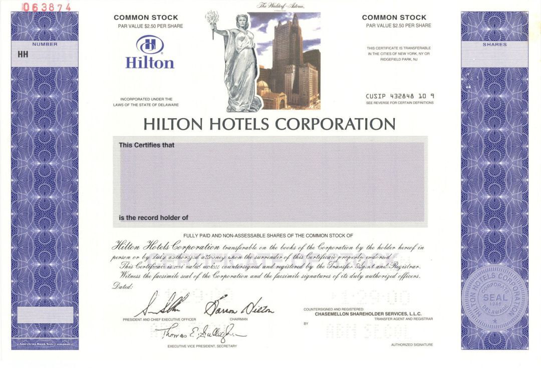 Hilton Hotels Corp. - 2000 dated Specimen Stock Certificate - Multicolored and E