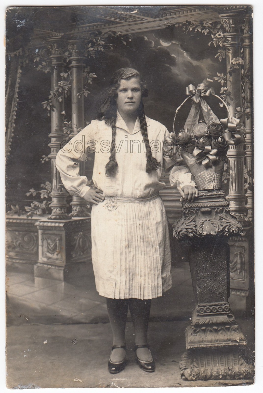 1929 Pretty woman girl Long hair Braid Beautiful face Russia Studio arcade photo